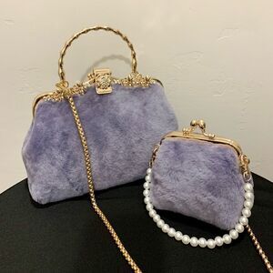 Genuine Shearling Leather Handmade Top Handle Metal Frame Bag & Small Clutch Set